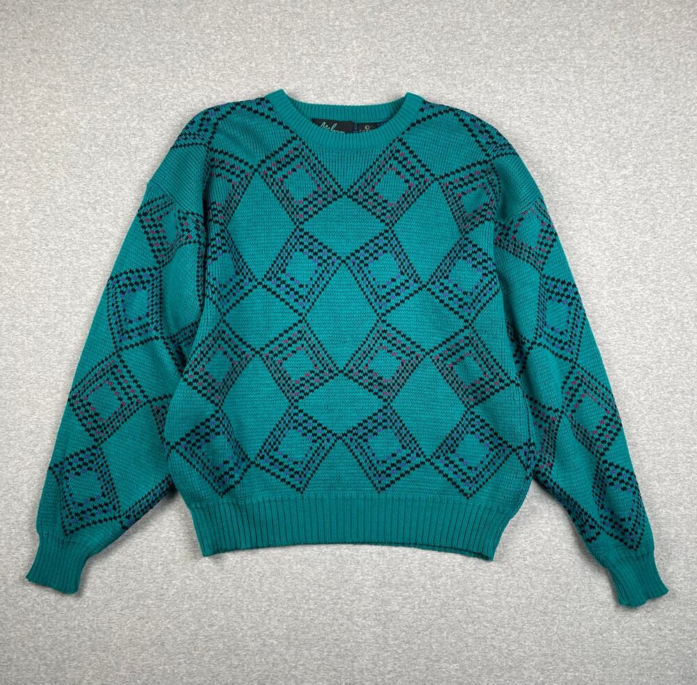 90s Vintage Melange Sweater Womens L Teal Blue Retro Geometric Chunky Knit